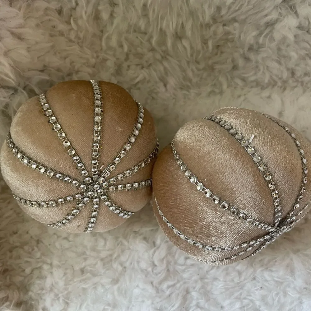 Pair of styrofoam pumpkins cover with offwhite velvet gold rhinestones &…